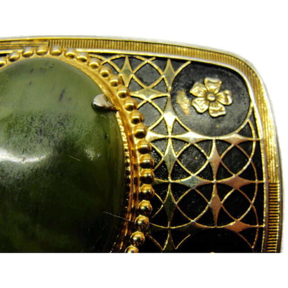 South Western Green Stone Black & Gold Tone Overlay Detailed Flower Belt Buckle - Picture 3 of 11